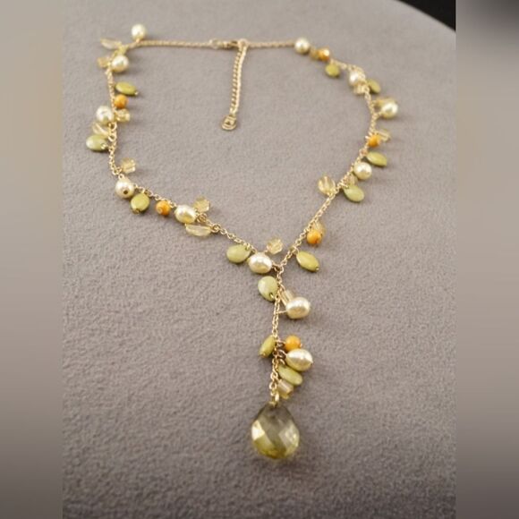 VINTAGE ART DECO STYLE GOLD TONE CRYSTAL STONE FAUX PEARL LAVALIERE SIGNED CG - Picture 2 of 6